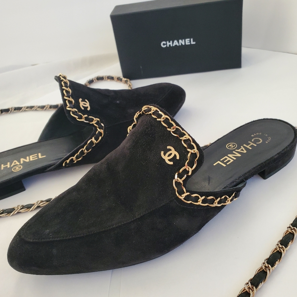 Chanel black suede gold chain mules